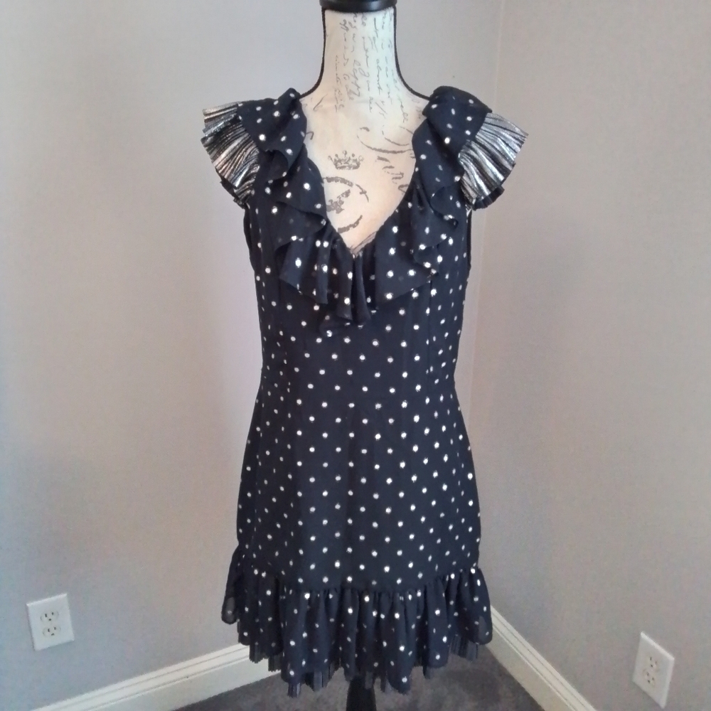 Saks Fifth Avenue Navy Blue & Silver Dot & Ruffle Holiday Party Dress - M
